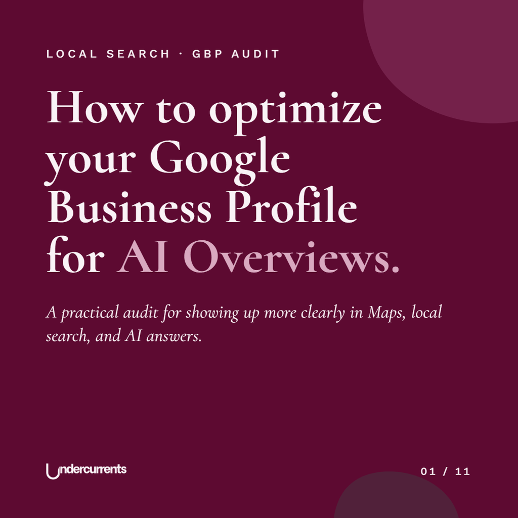 Title slide reading "How to optimize your Google Business Profile for AI Overviews: a practical audit for showing up more clearly in Maps, local search, and AI answers.