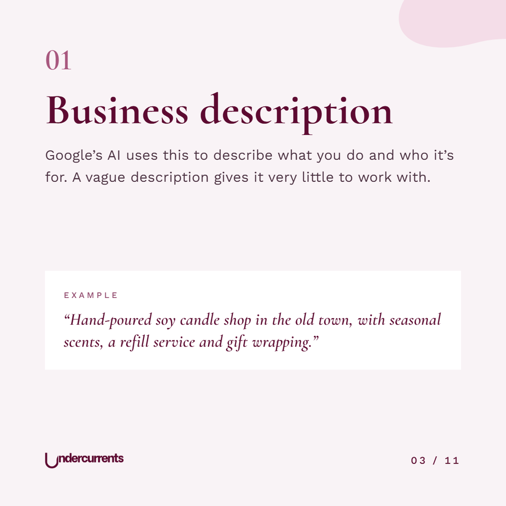 Business description example: "Hand-poured soy candle shop in the old town, with seasonal scents, a refill service and gift wrapping."