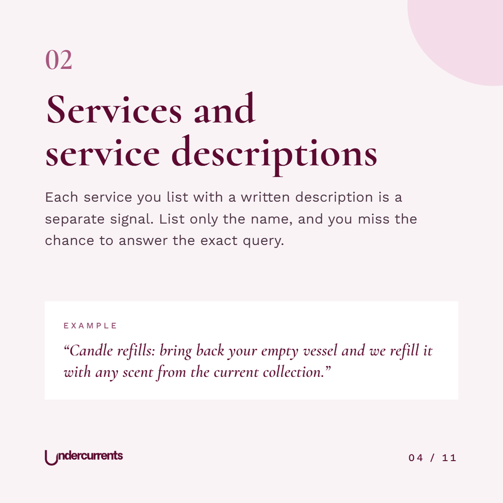 Service description example: "Candle refills: bring back your empty vessel and we refill it with any scent from the current collection."