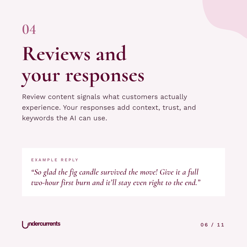 Example reply to a customer review: "So glad the fig candle survived the move! Give it a full two-hour first burn and it'll stay even right to the end."