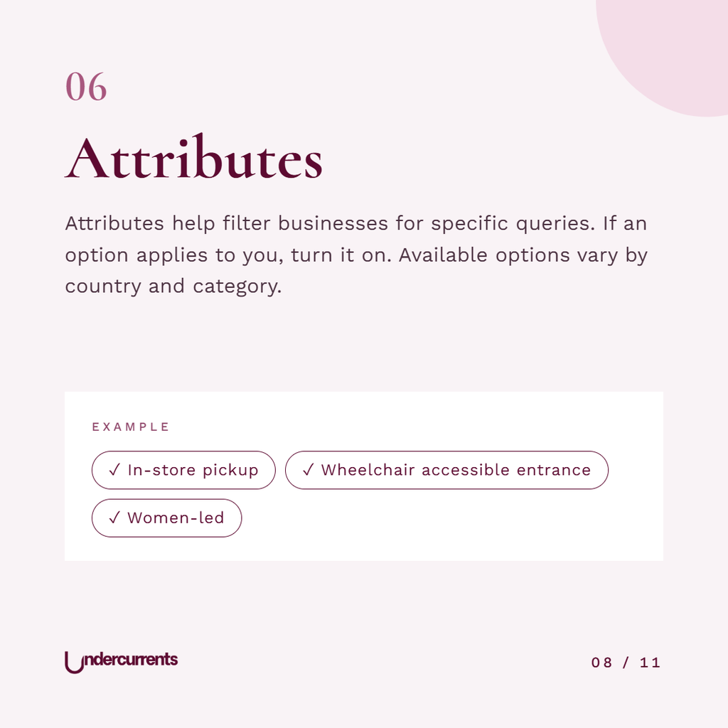 Example attributes: in-store pickup, wheelchair accessible entrance, women-led.