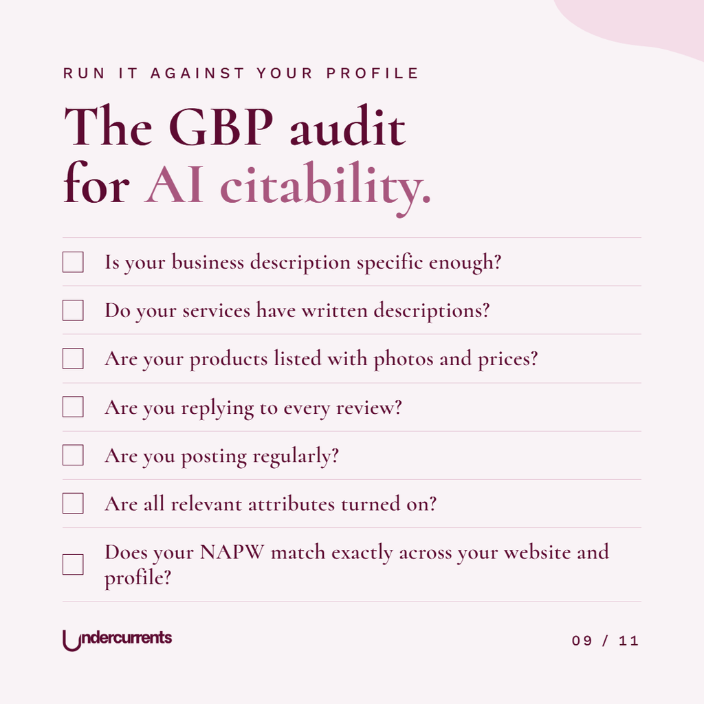 Google Business Profile audit checklist: specific business description, service descriptions, products with photos and prices, replies to every review, regular posts, relevant attributes turned on, and name, address, phone and website matching across website and profile.